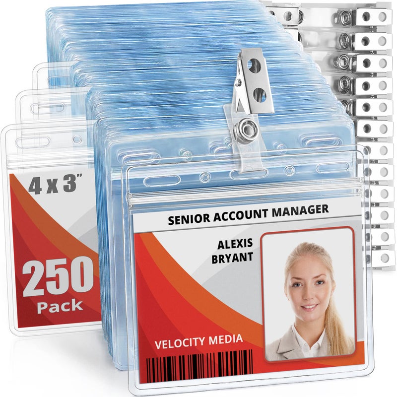 Mifflin-USA Horizontal Card Protector with Metal Clip and Vinyl Straps (Clear, 4x3 Inch, 250 Pack), Waterproof PVC ID Name Badge Holder with Clip - Image 1